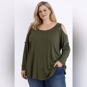 Rib & Ryan Olive Green Cold Shoulder Grommet Sleeve Tunic Top